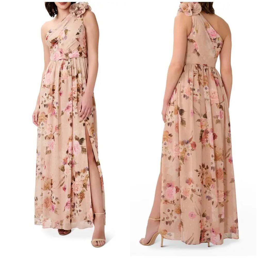 Adrianna Papell Floral One Shoulder Chiffon Fit Flare Maxi Dress Size 4 Metallic